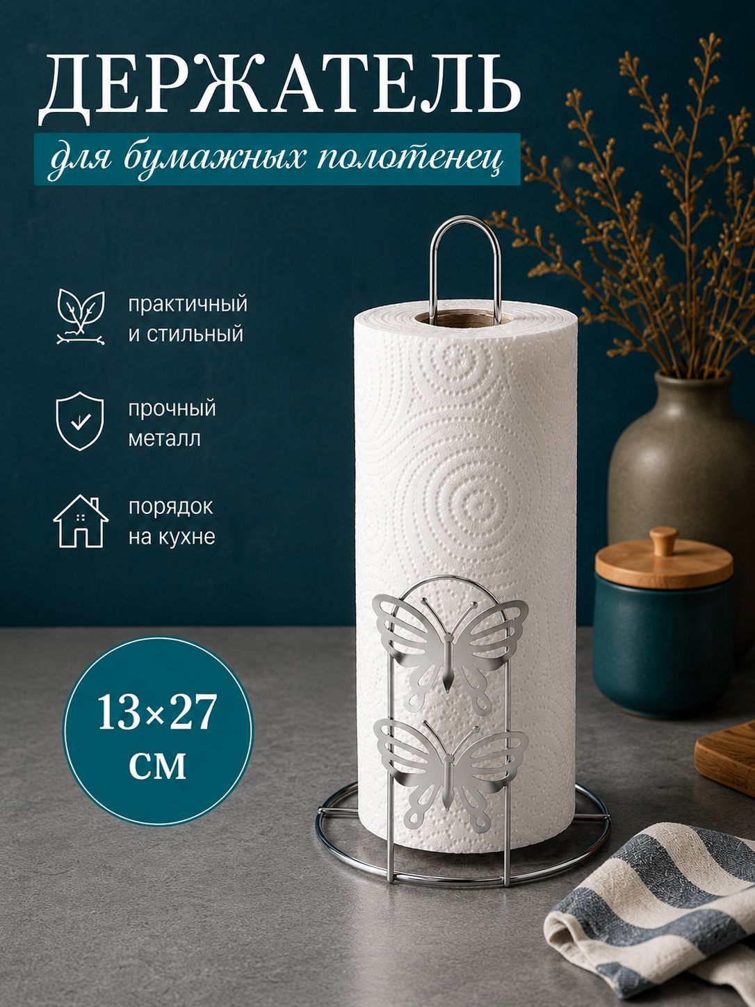 Держатель для бумажных полотенец настольный, высота 27 см, хром