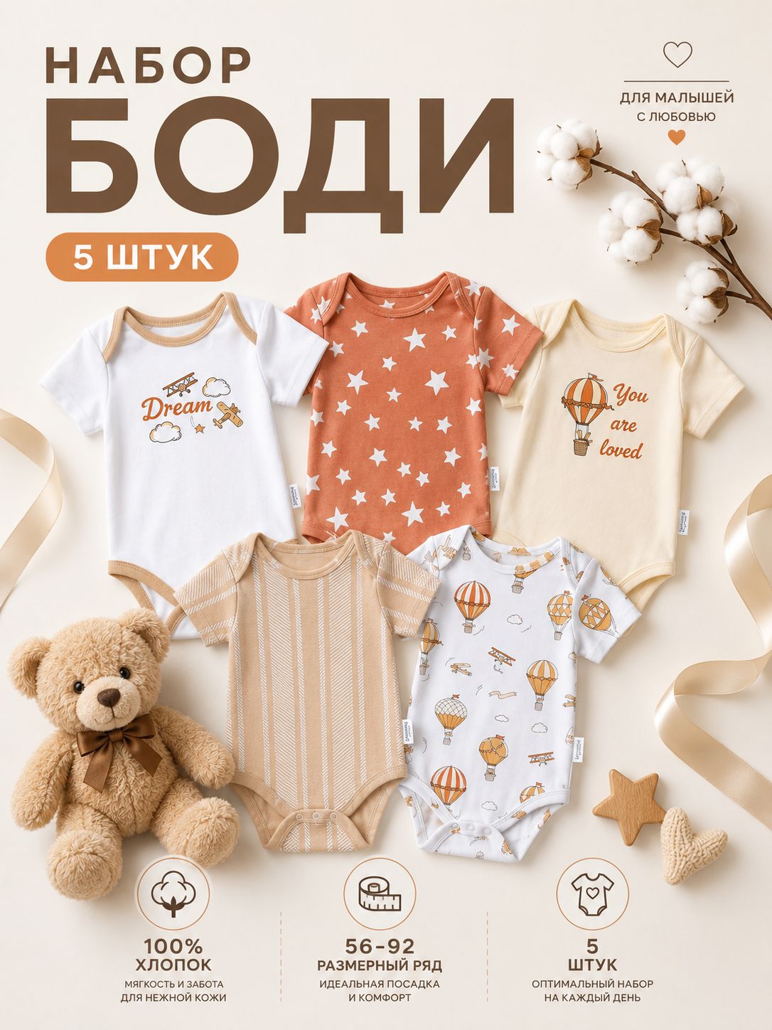 Боди для новорождённых с коротким рукавом Крошка Я Dream, набор 5 шт., рост 56-62 см