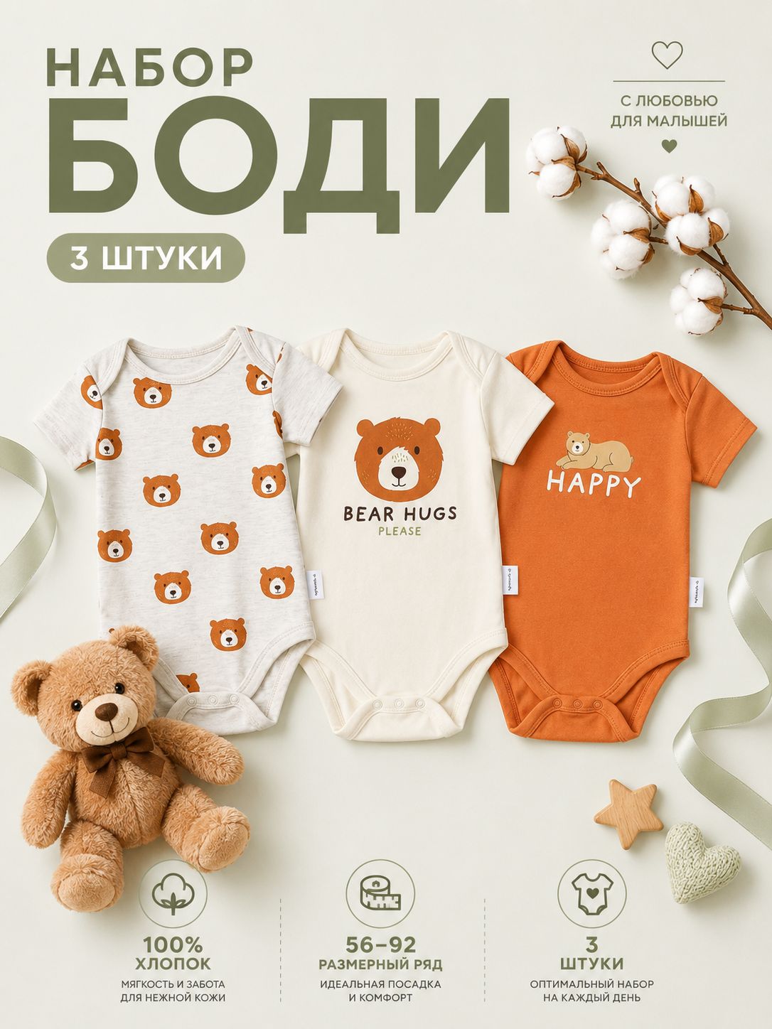 Боди для новорождённых с коротким рукавом Крошка Я Bear, набор 3 шт., рост 74-80 см