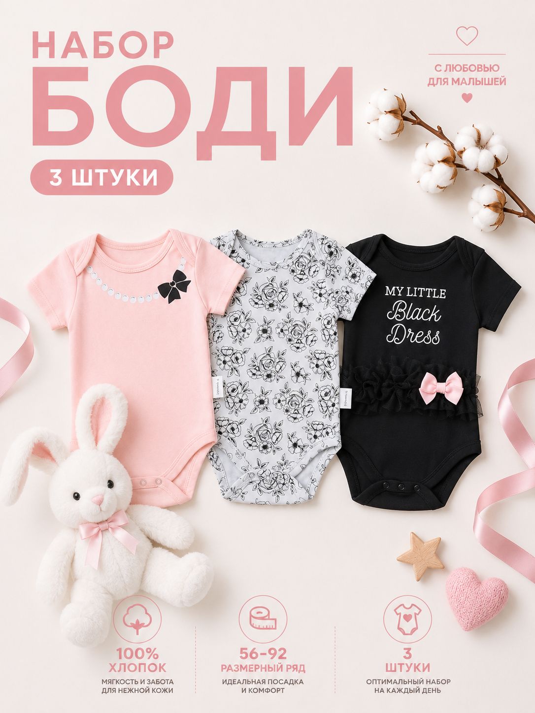 Боди для новорождённых с коротким рукавом Крошка Я Dress, набор 3 шт., рост 74-80 см