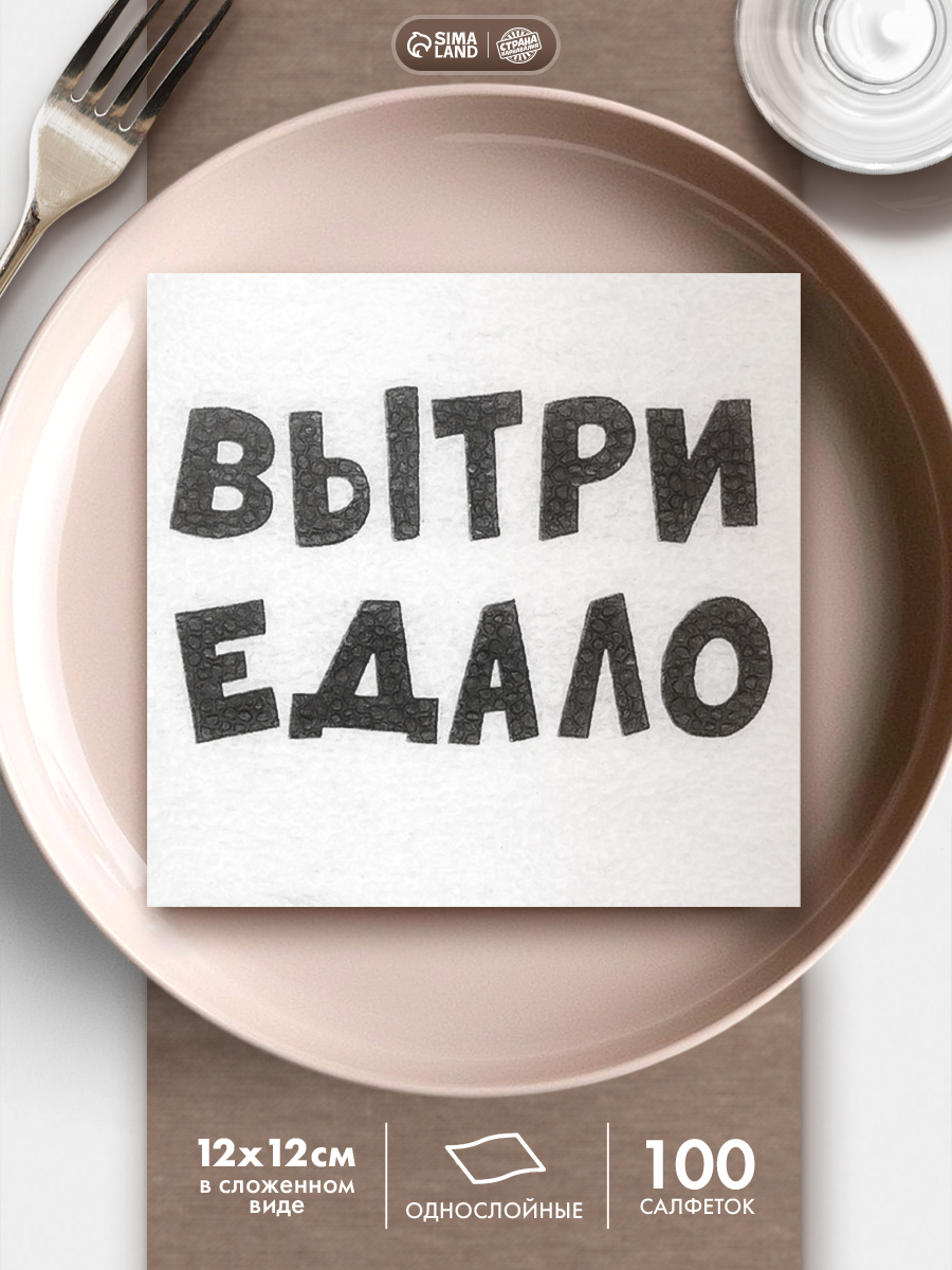 Салфетки бумажные однослойные ВыТрИ ЕдАлО / 24х24 см / Набор 100 шт.