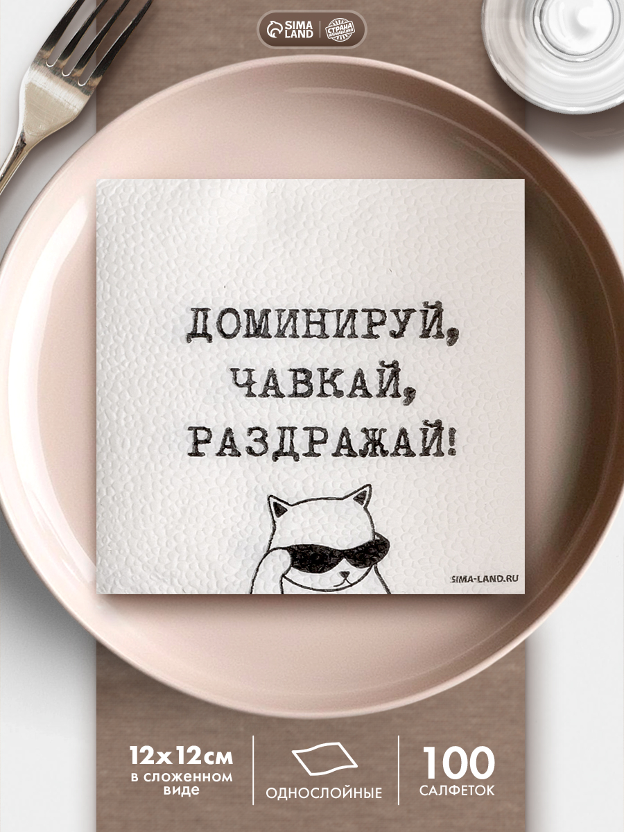 Салфетки бумажные однослойные Доминируй, чавкай, раздражай / 24х24 см / Набор 100 шт.