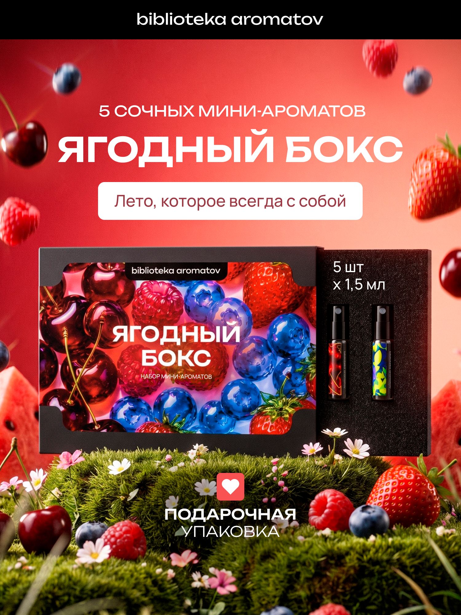 Набор духов женские и мужские пробники 5 ароматов "Ягодный бокс", Библиотека ароматов