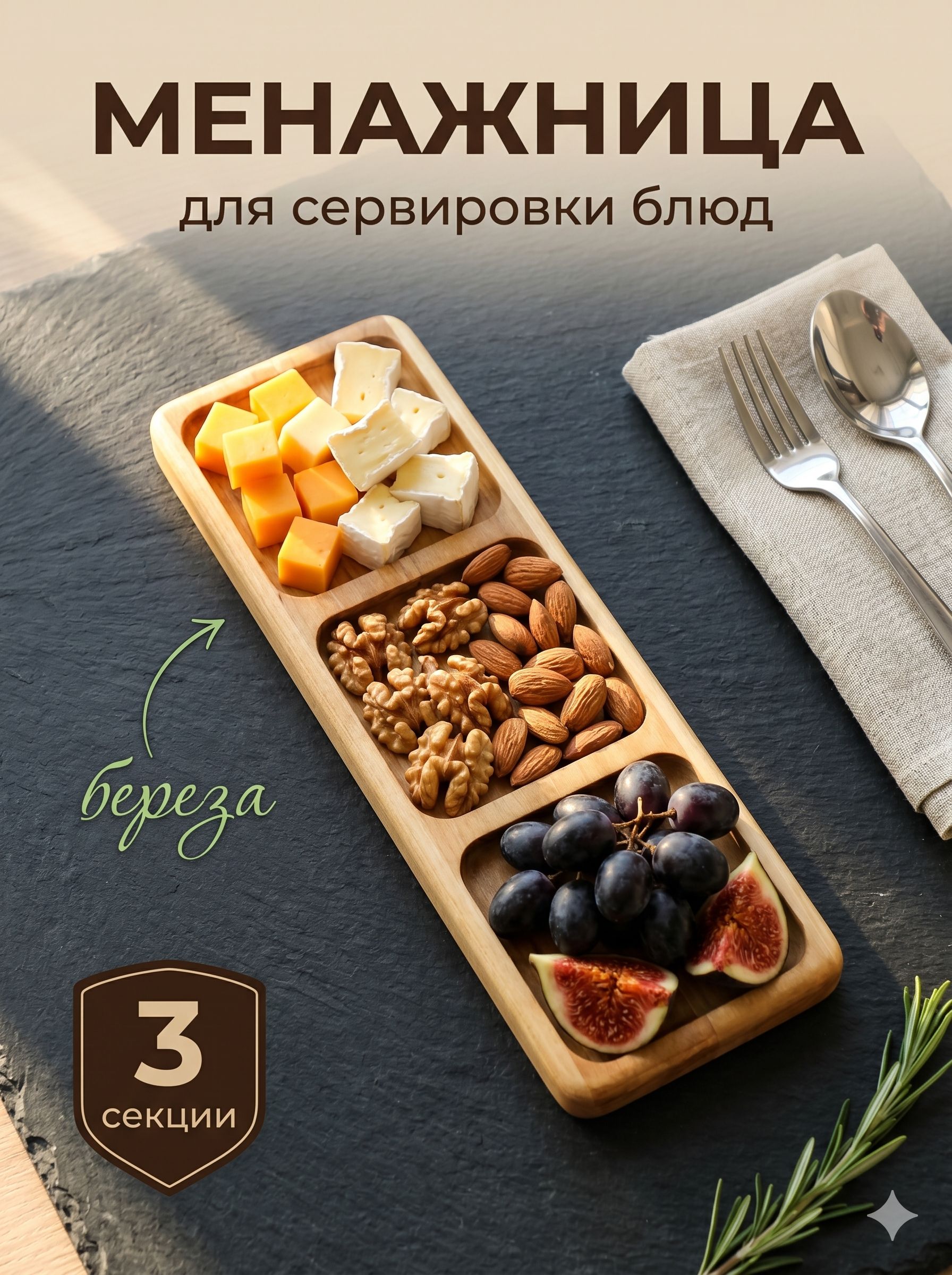 Менажница деревянная, 3 секции, березовая, Доляна