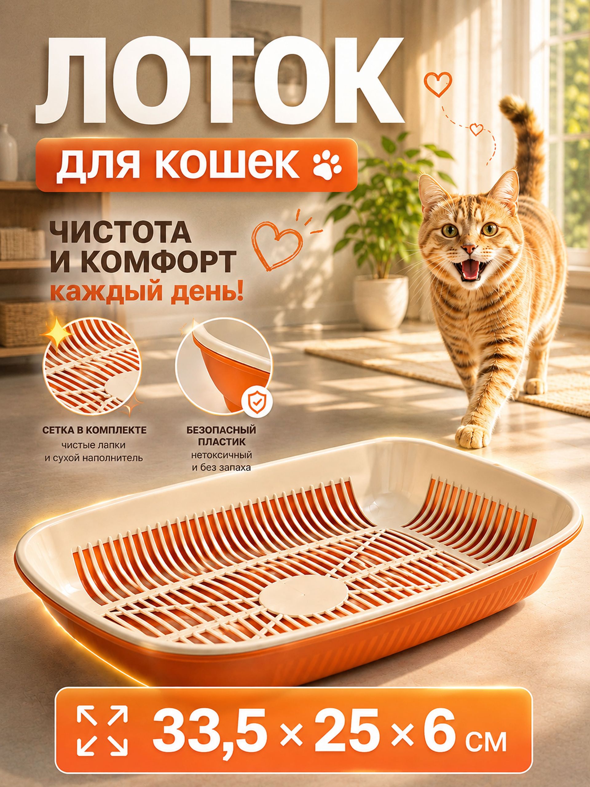 Лоток для кошек с сеткой, 33.5x25x6 см, округлый, оранжевый