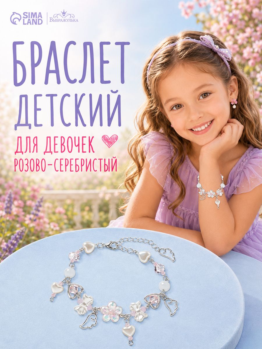 Браслет детский с подвесками "Бантики", цвет розовый в серебре, украшение для девочки