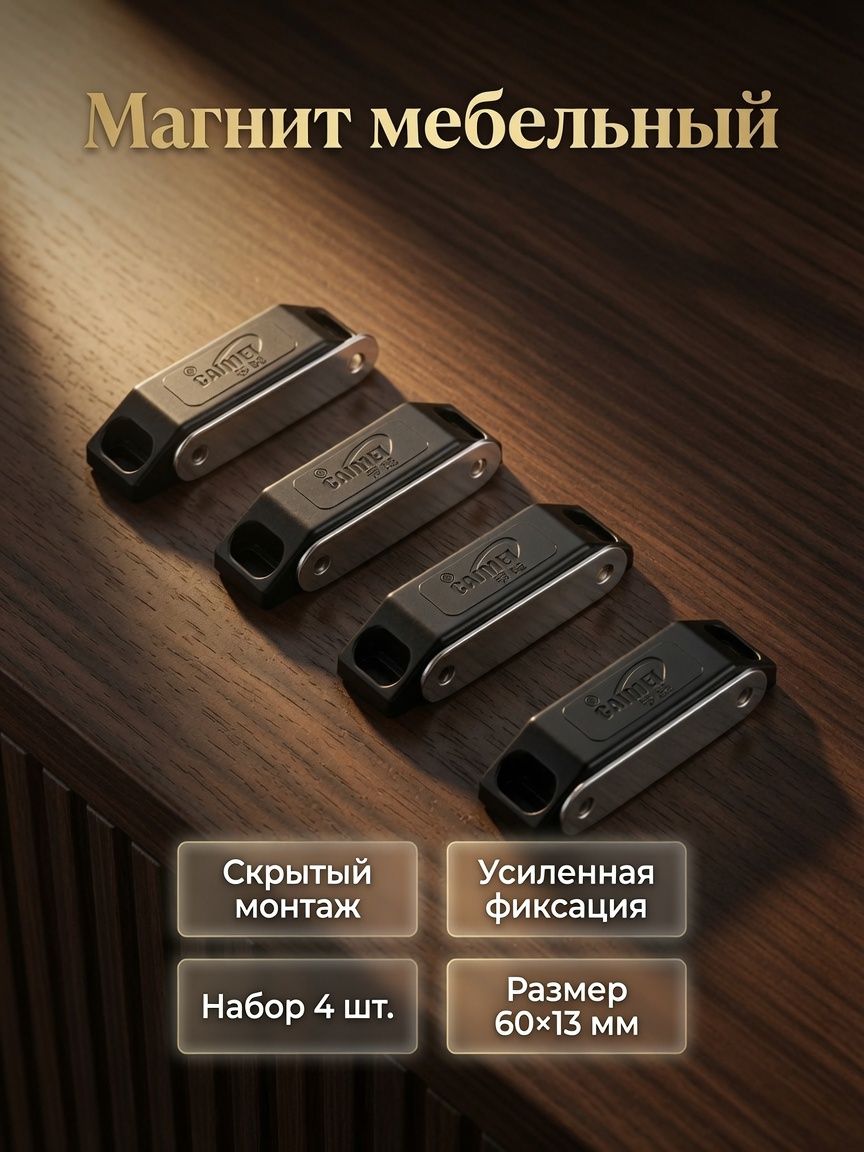 Магнит мебельный M002BR, 60 13 мм, средний, черный, 4 шт.