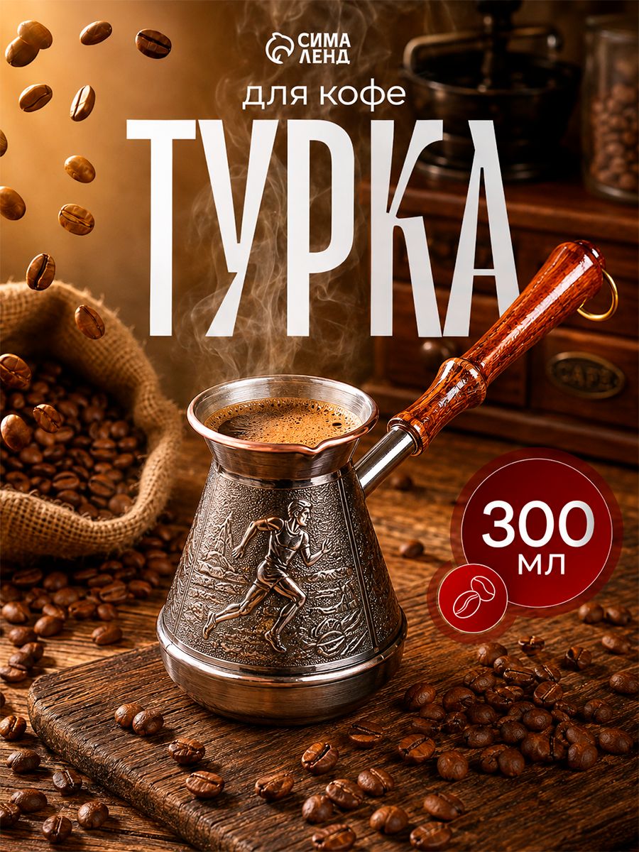 Турка для кофе "Спорт", объем 300 мл, медная, с деревянной ручкой