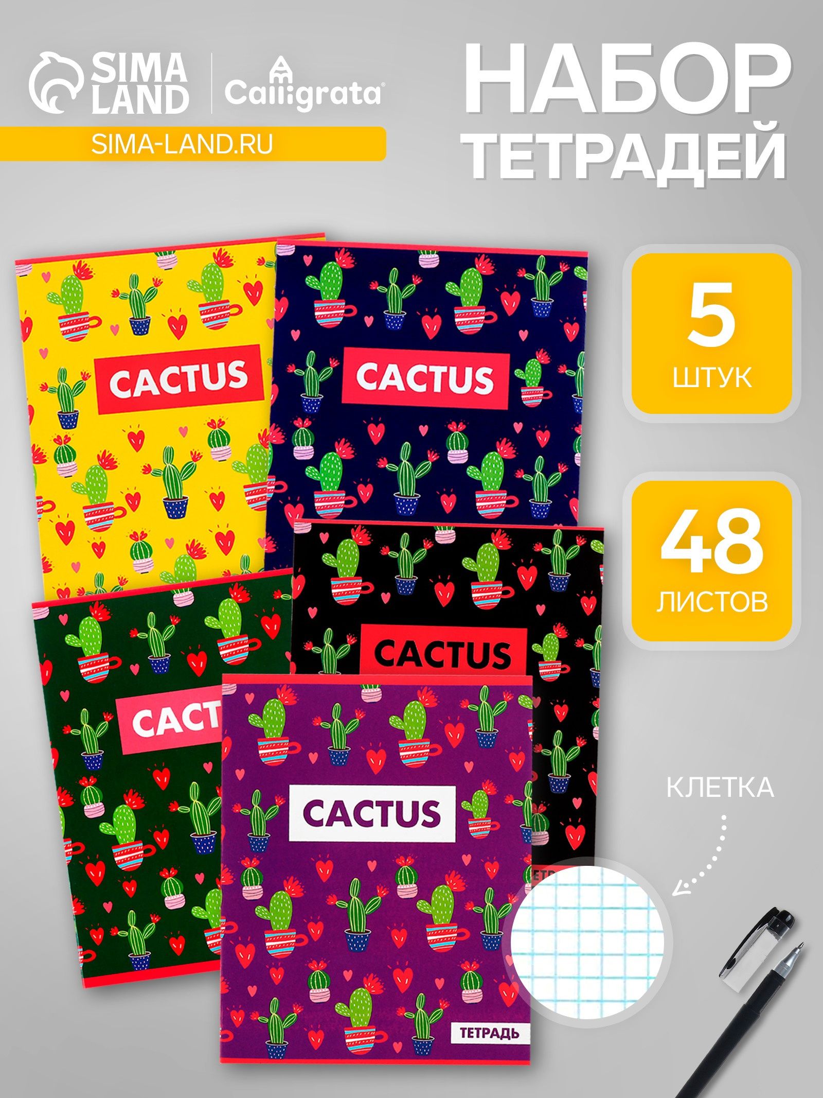 Тетради Кактус , 48 листов в клетку, 5 штук