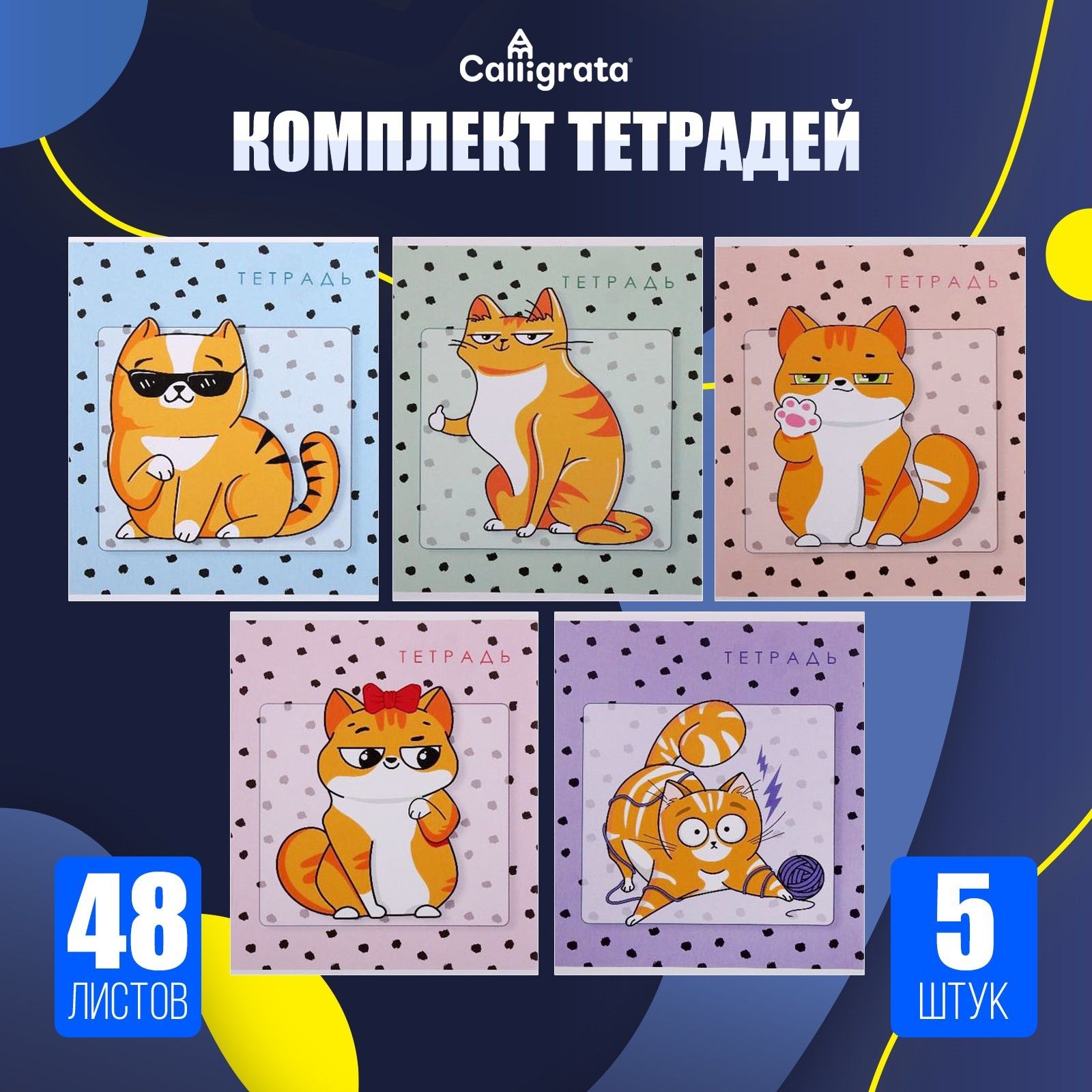 Тетради 5 штук, 48 листов в клетку Коты , обложка мелованный картон, блок офсет