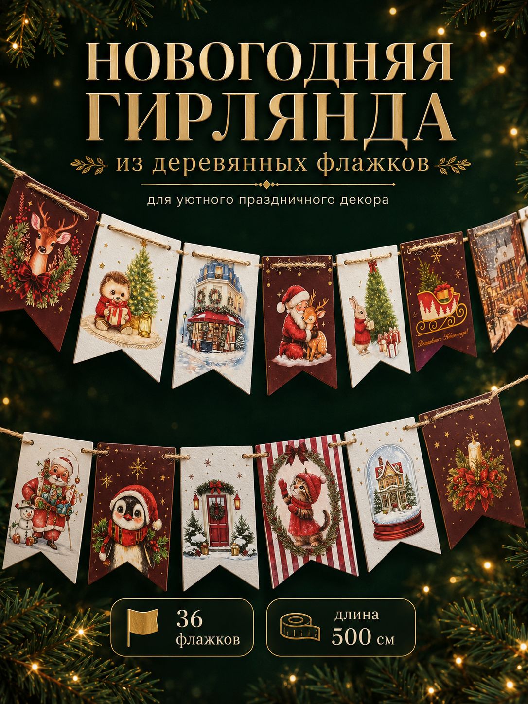 Гирлянда на ленте новогодняя / Волшебного нового года / Гирлянда бумажная / 36 флажков / 500 см