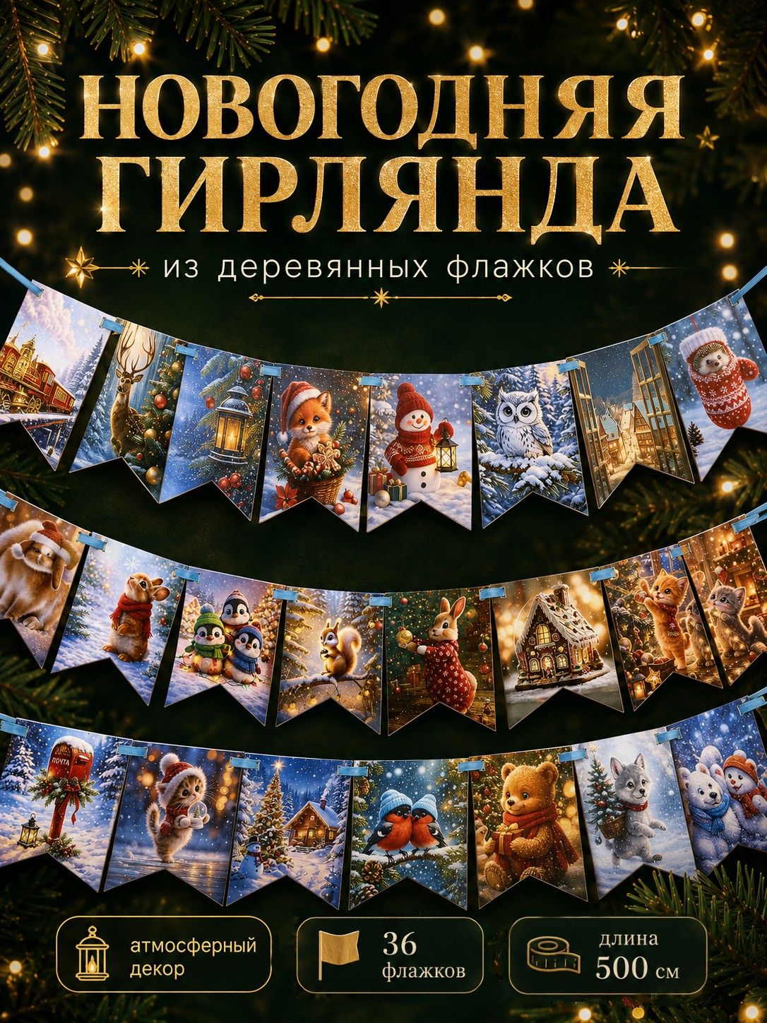 Гирлянда на ленте новогодняя / Новый год зверята / Гирлянда бумажная / 36 флажков / 500 см