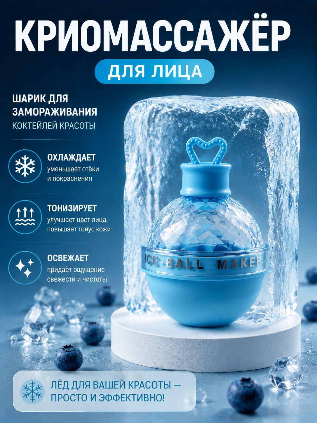 Форма для криомассажёра Криосфера 7 9 см, голубая, для криомассажа