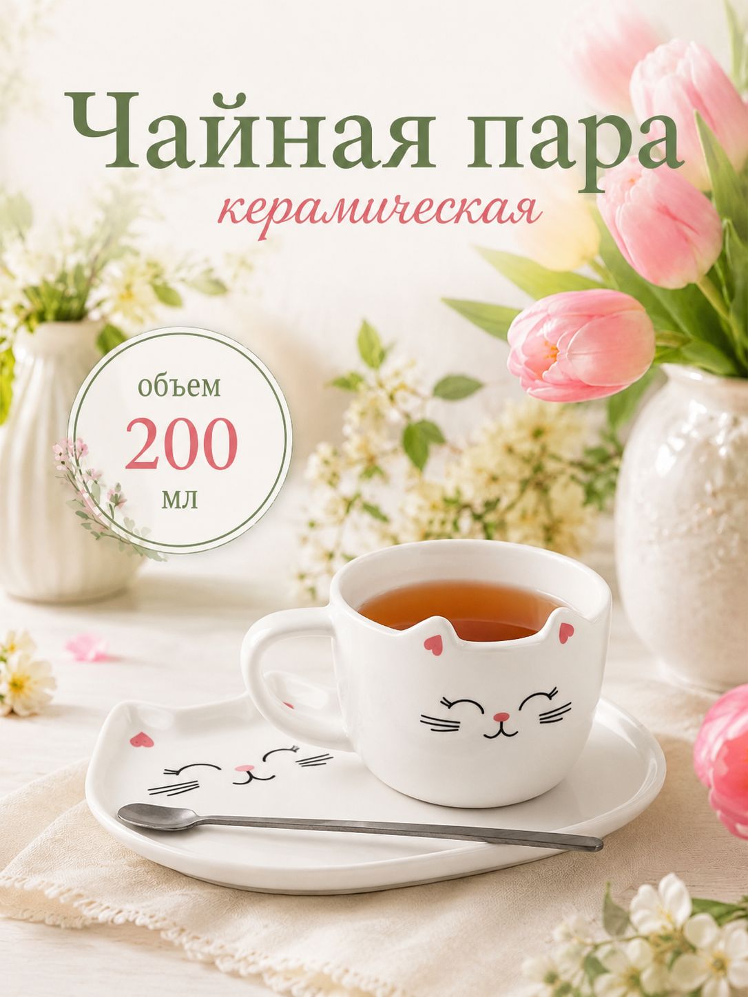 Чайная пара, чашка с блюдцем и ложкой, 200 мл подарочная