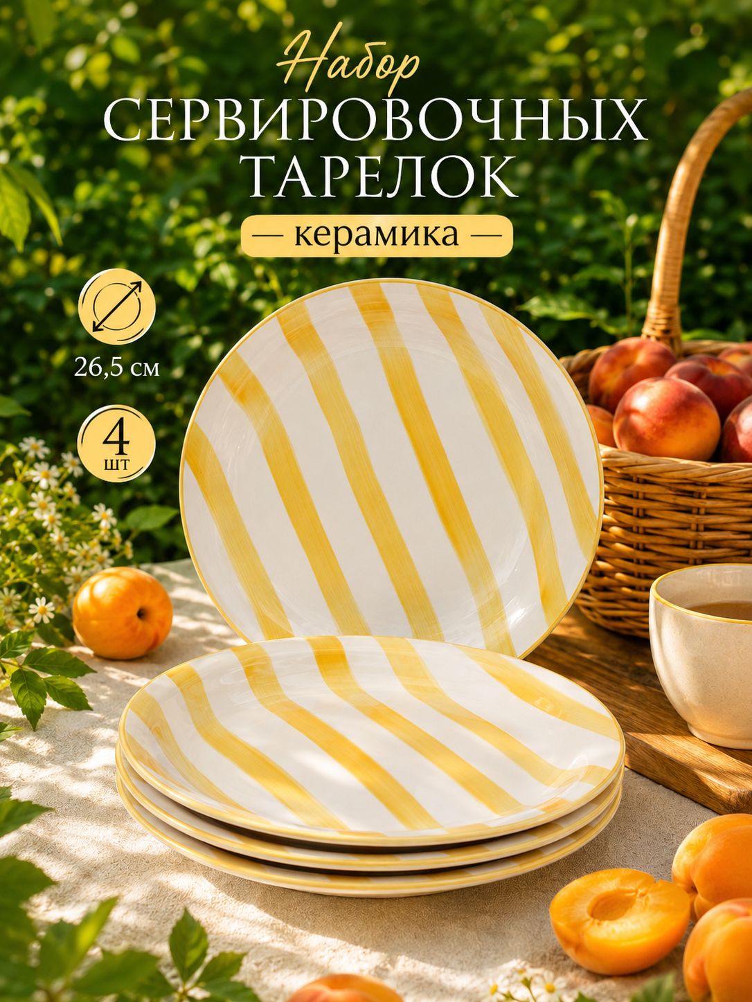 Набор тарелок 26,5 см, 4 шт, Доляна Райе, тарелки плоские, обеденные, цвет желтый