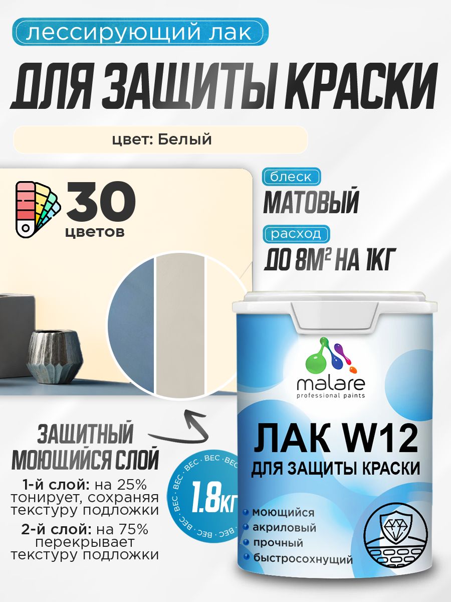 Лак колерованный тонирующий для защиты акриловых красок Malare W12 моющийся универсальный быстросохнущий экологичный, матовый, белый, 1.8 кг.