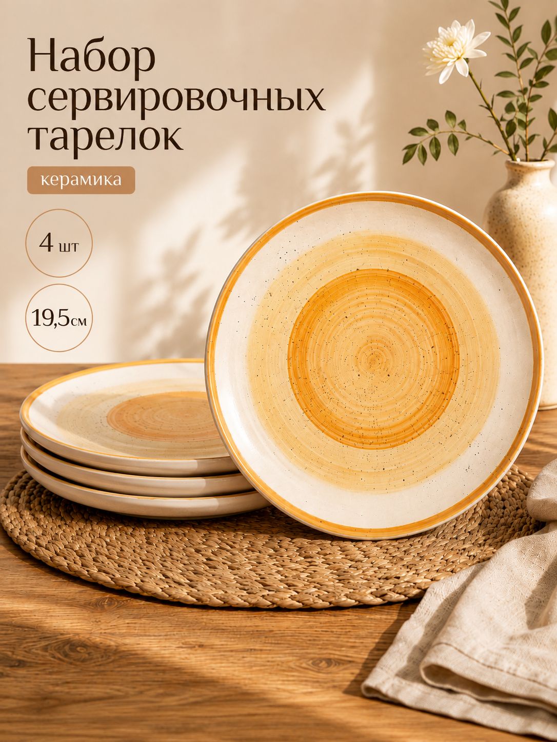 Набор тарелок19,5 см, 4 шт, Доляна "А-ля Прима", тарелки плоские, десертные, цвет оранжевый