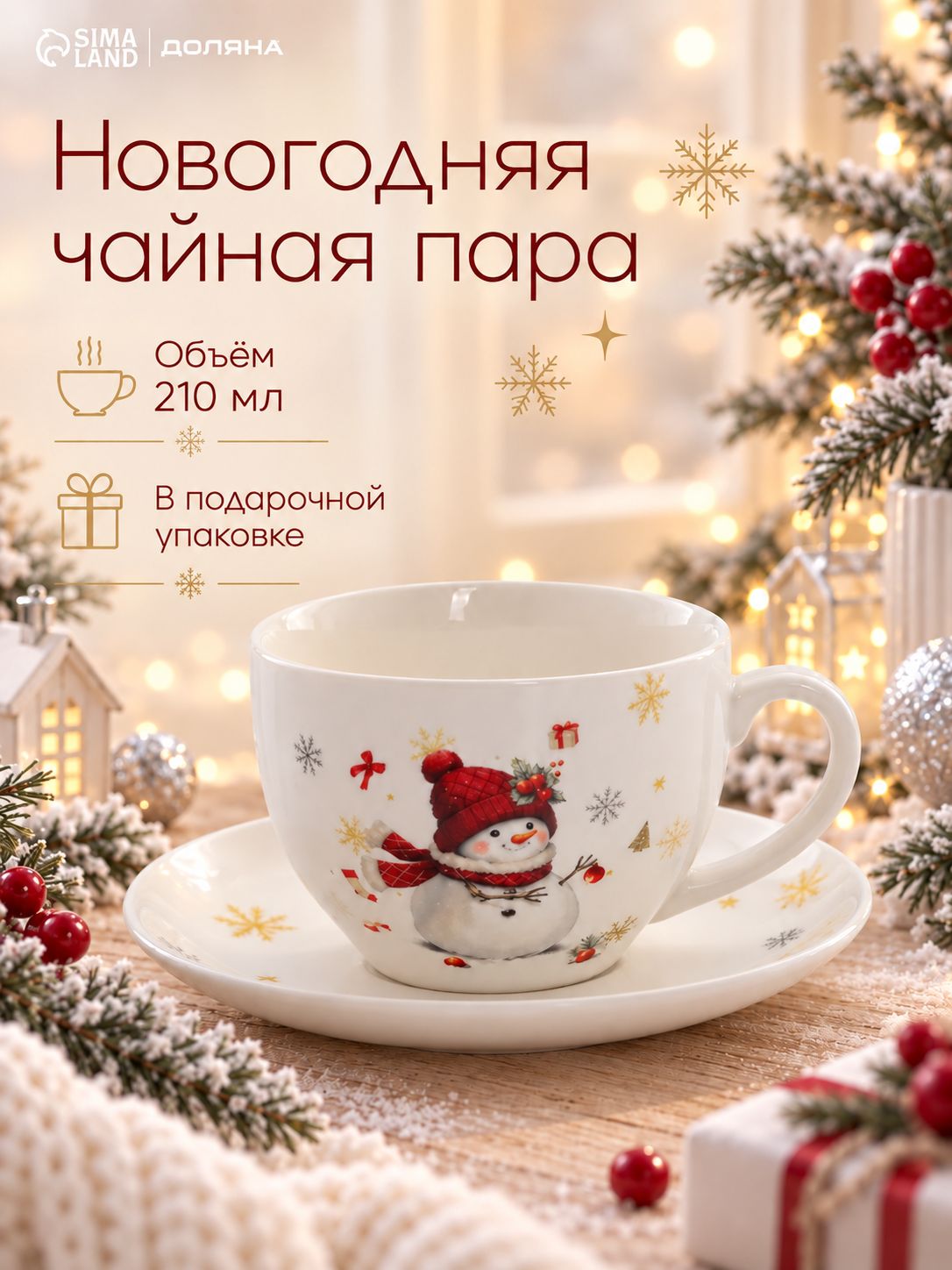 Чайная пара новогодняя фарфоровая 210 мл, Доляна "Снежное чудо", в подарочной упаковке
