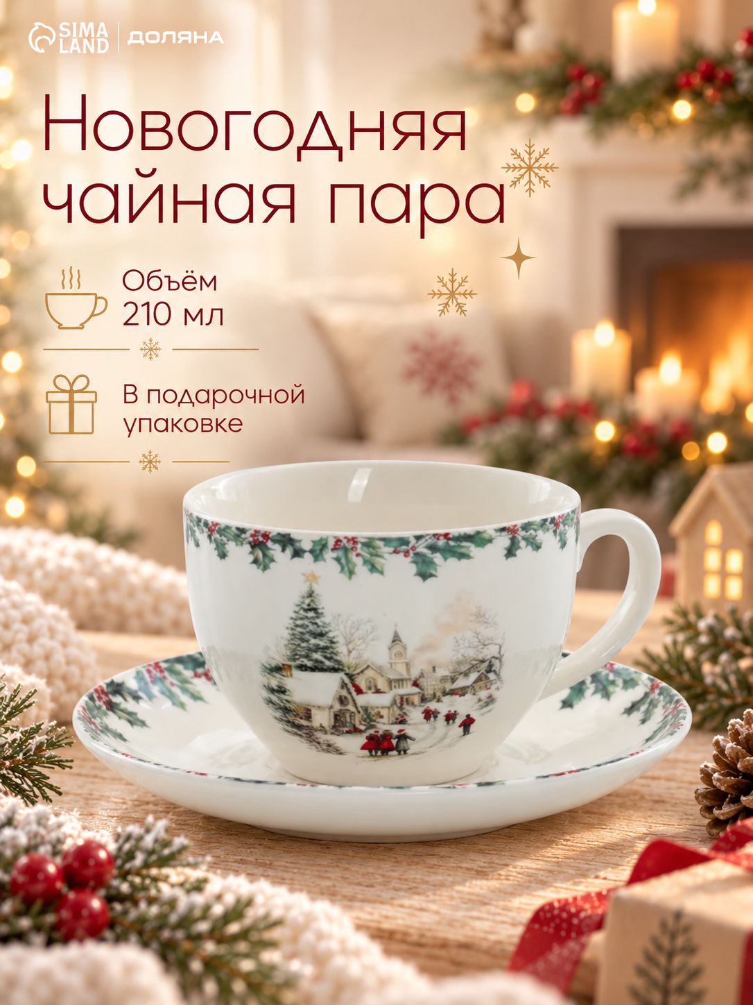 Чайная пара новогодняя фарфоровая 210 мл, Доляна "Праздник к нам приходит", в подарочной упаковке