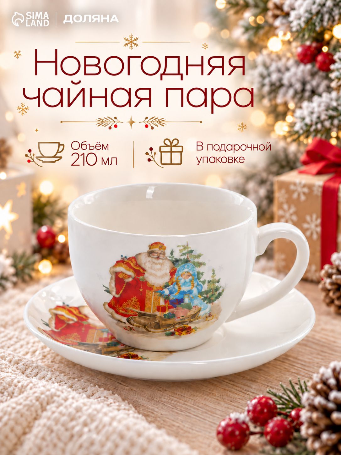 Чайная пара новогодняя фарфоровая 210 мл, Доляна "Дед мороз и снегурочка" , в подарочной упаковке