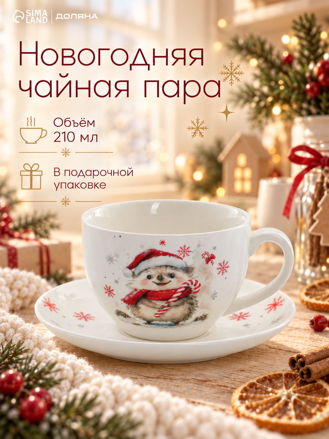 Чайная пара новогодняя фарфоровая 210 мл, Доляна "Зимний друг", в подарочной упаковке