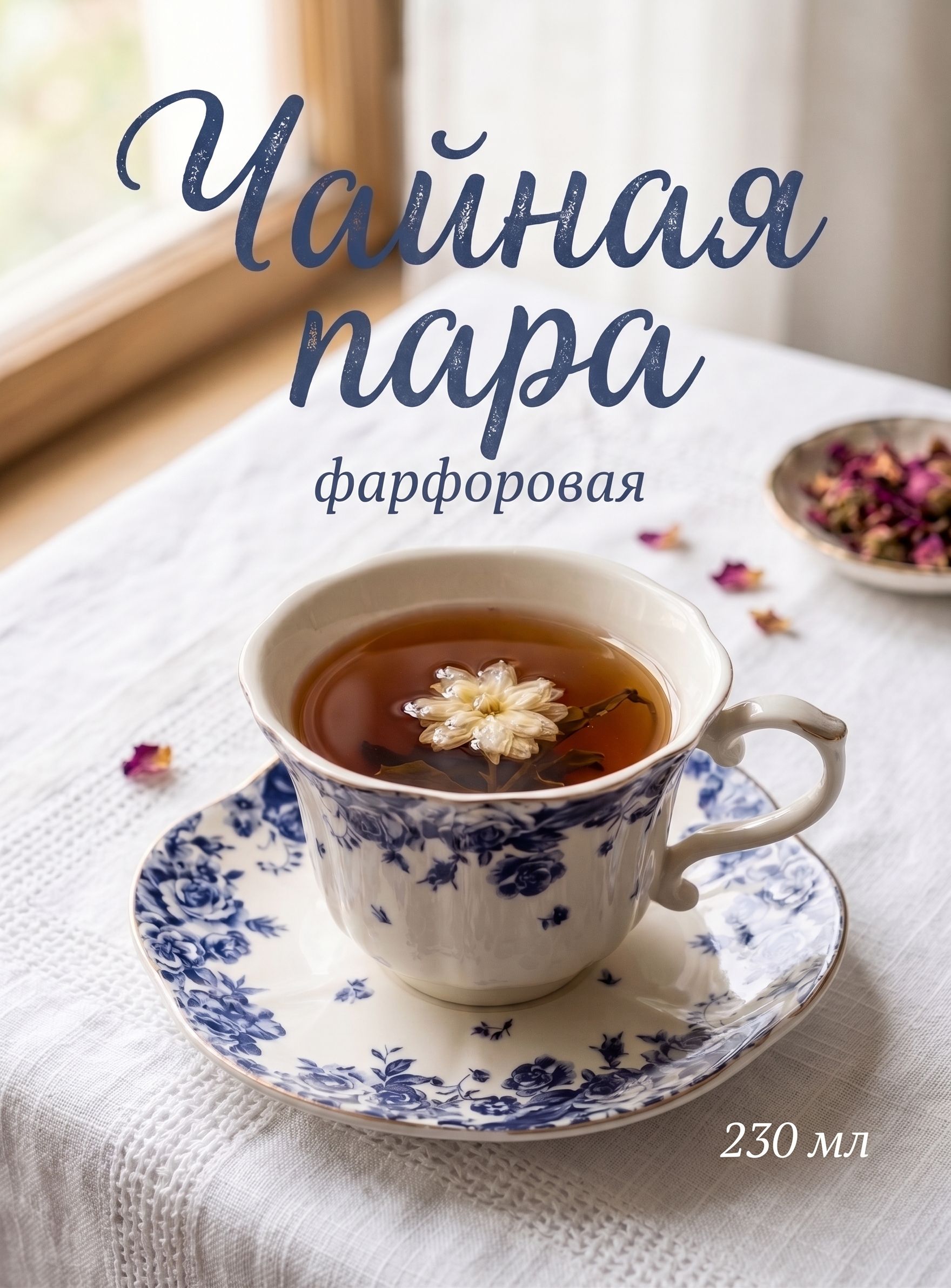 Чайная пара фарфоровая "Синяя роза" , 230 мл