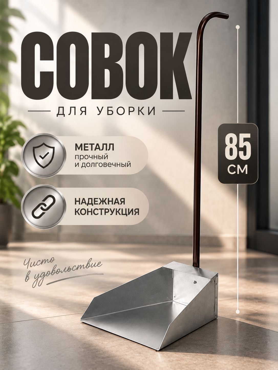 Совок для уборки мусора, хозяйственный, с длинной ручкой, металлический
