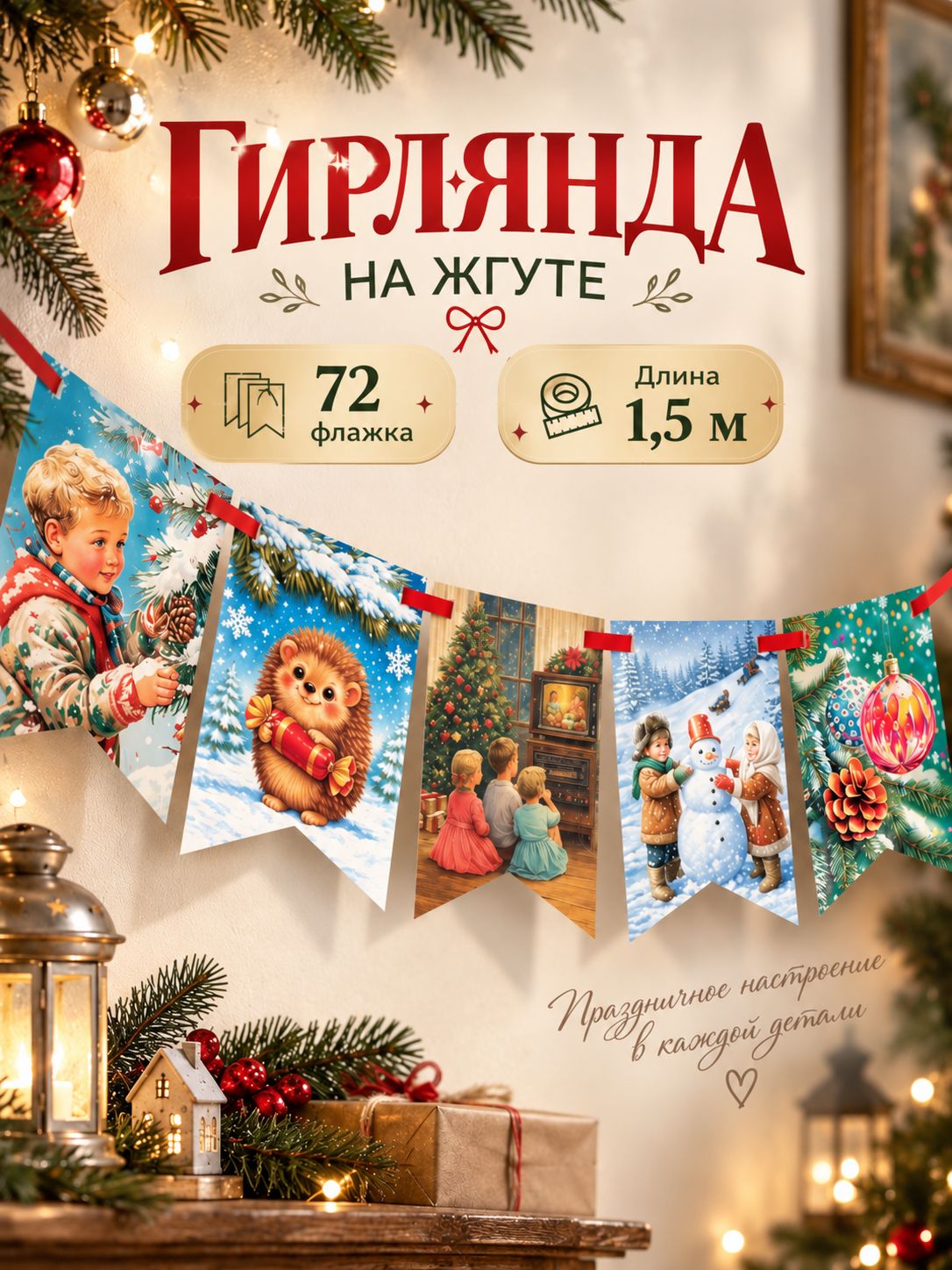Гирлянда на ленте новогодняя Бельчонок и ежик / 72 флажка / 150 см