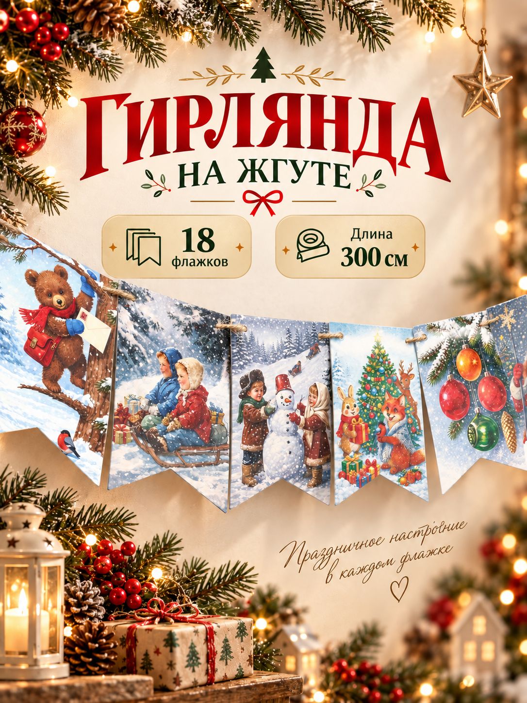 Гирлянда на ленте новогодняя Ежик / 18 флажков / 300 см