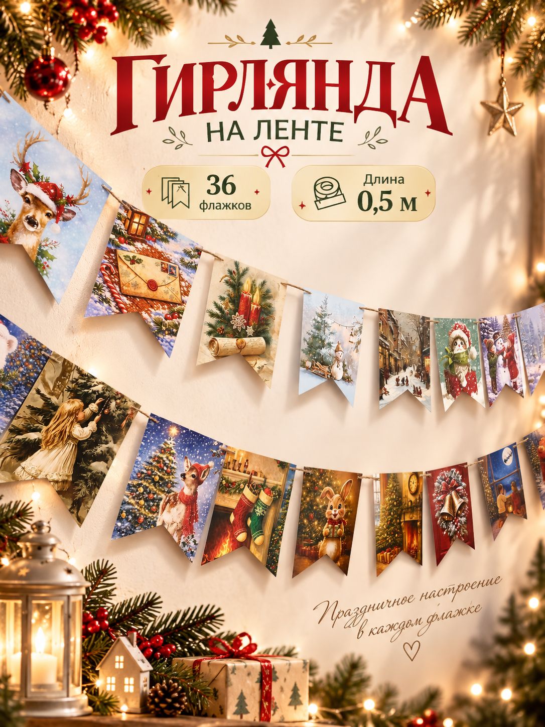 Гирлянда на ленте новогодняя Уютного Нового Года / 36 флажков / 500 см