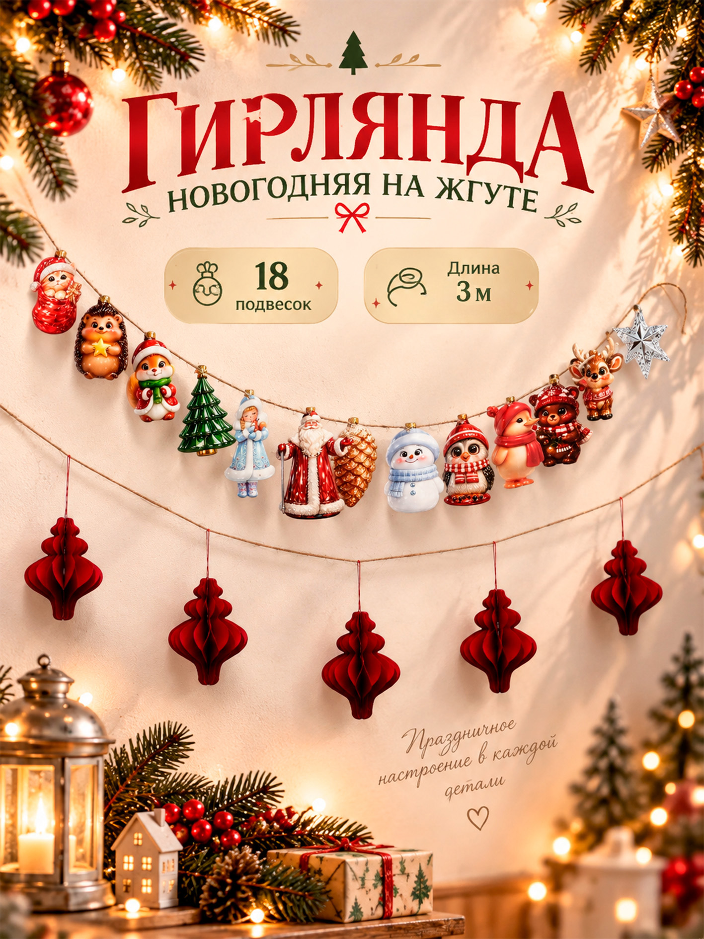 Гирлянда бумажная на ленте новогодняя Елочные игрушки / 18 фигурок / 300 см