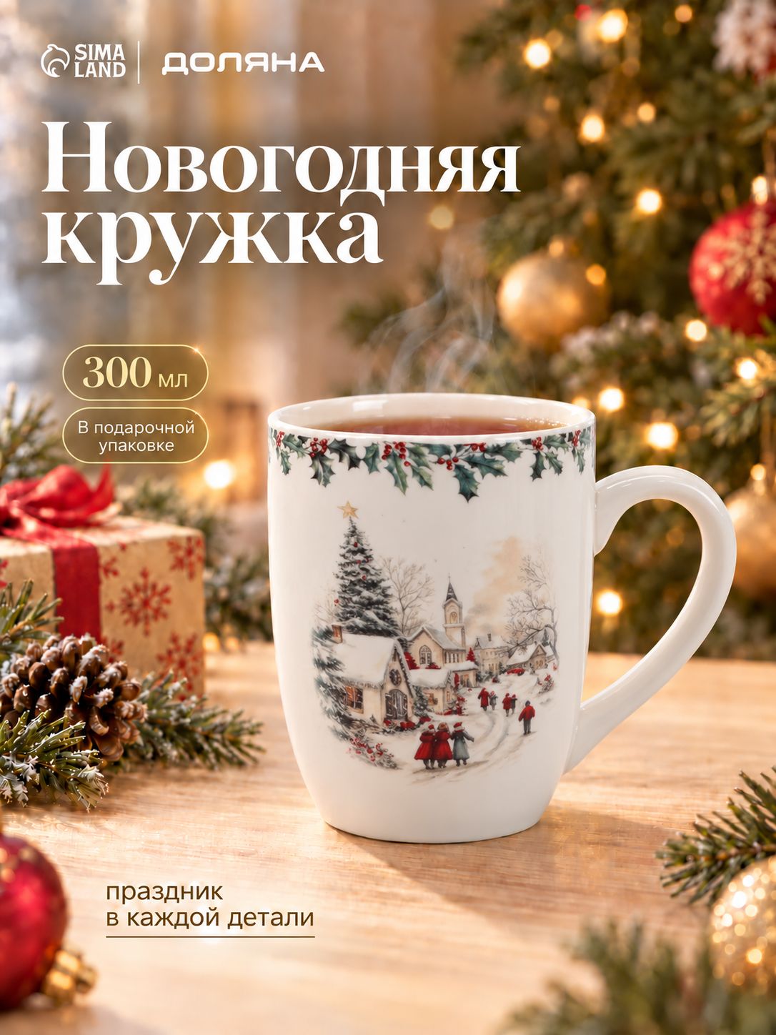 Кружка новогодняя фарфоровая, 300 мл, Доляна "Праздник к нам приходит", в подарочной упаковке