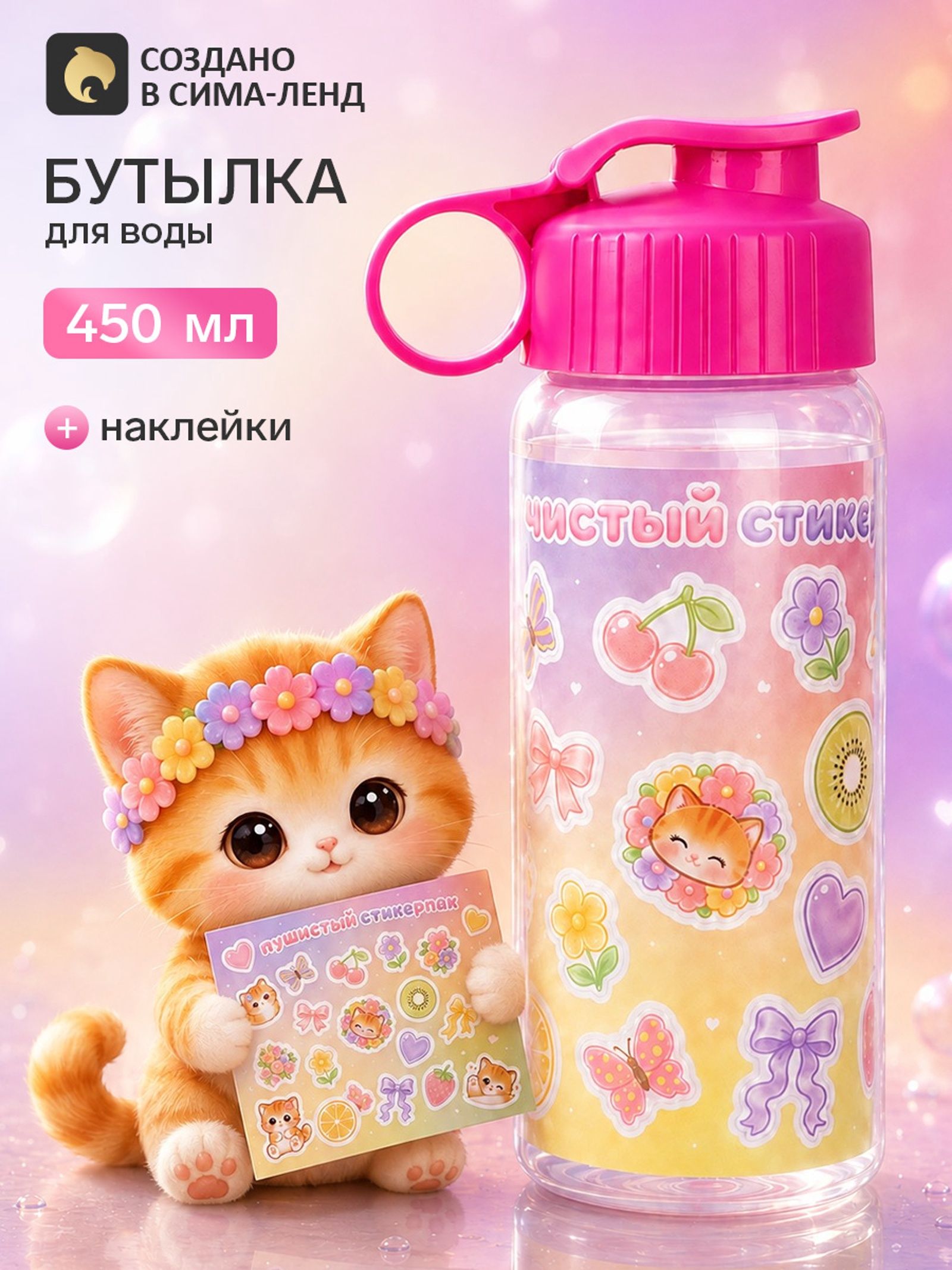 Бутылка для воды с наклейками Котята , 450 мл, детская