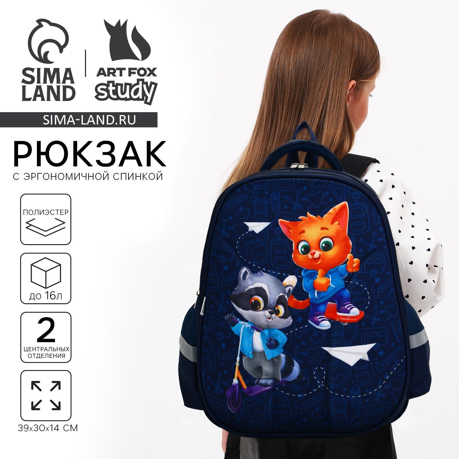 Рюкзак школьный, каркасный, 39 30 14 см