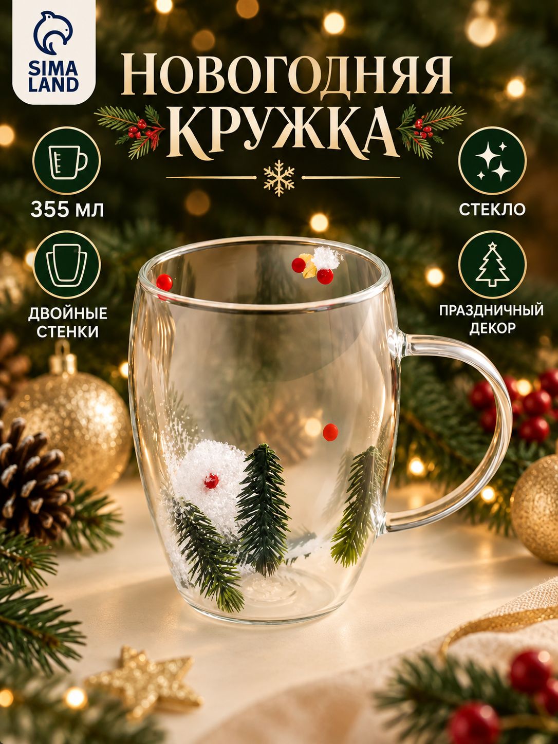 Кружка с двойными стенками новогодняя, Доляна "Зимний лес" , 350 мл, боросиликатное стекло