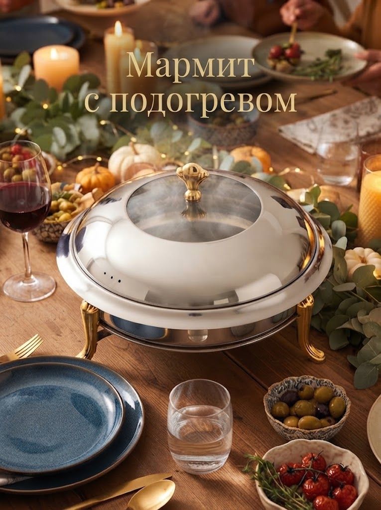 Мармит с подогревом и крышкой, размер 31х23 см, на подставке, нержавеющая сталь