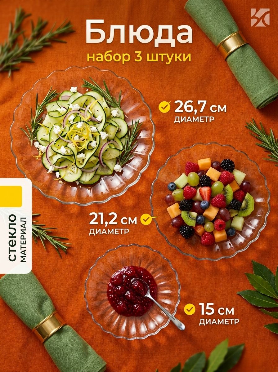 Набор салатников стеклянных Хризантемы , набор 3 шт