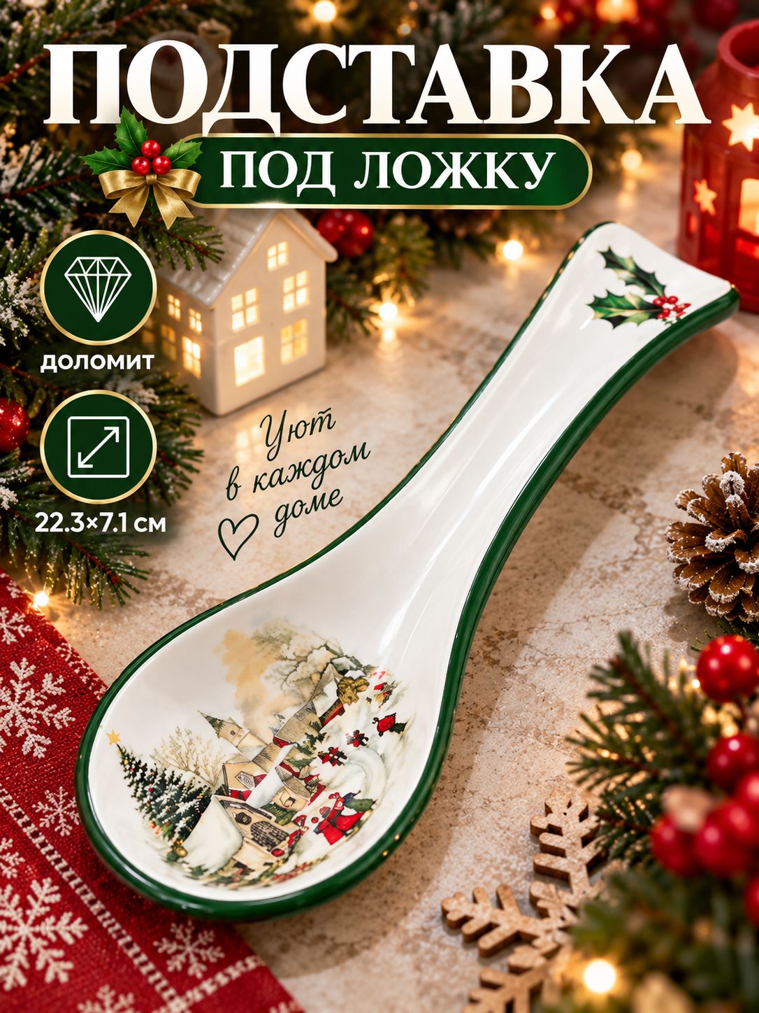 Подставка под ложку новогодняя , 22.3х7.1х2.7 см, доломит, белая, зелёная