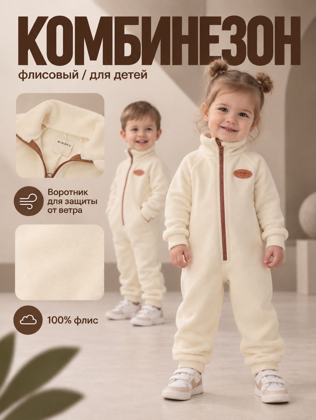 Комбинезон детский флисовый MINAKU, цвет молочный, рост 80-86 см