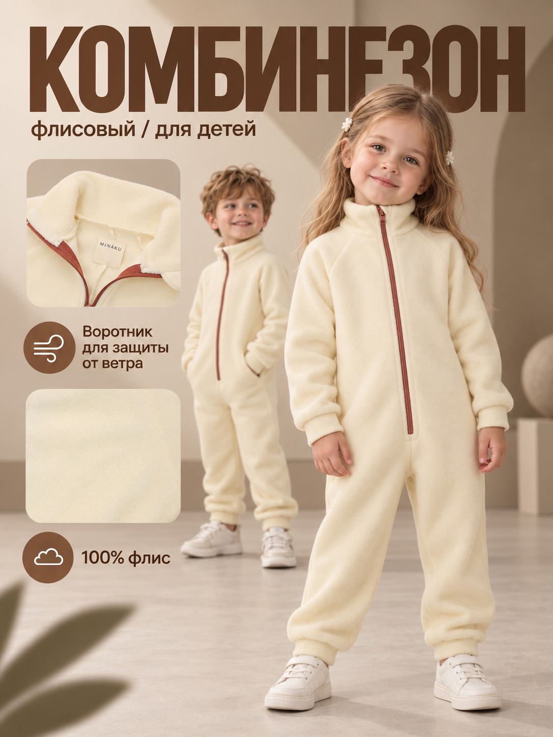 Комбинезон детский флисовый MINAKU, цвет молочный, рост 92-98 см