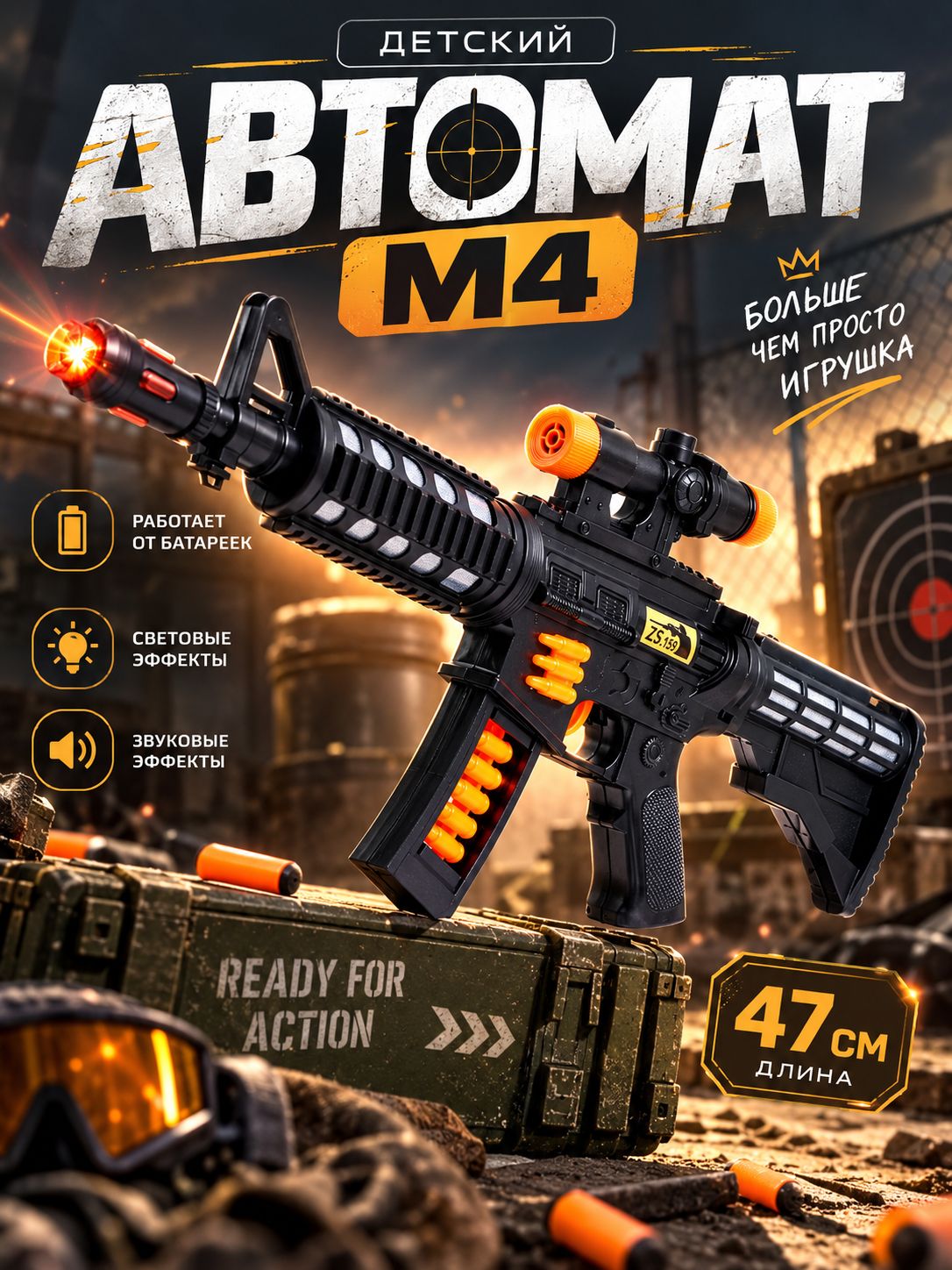 Автомат игрушечный "M4" для мальчиков / Автомат детский со звуком и светом