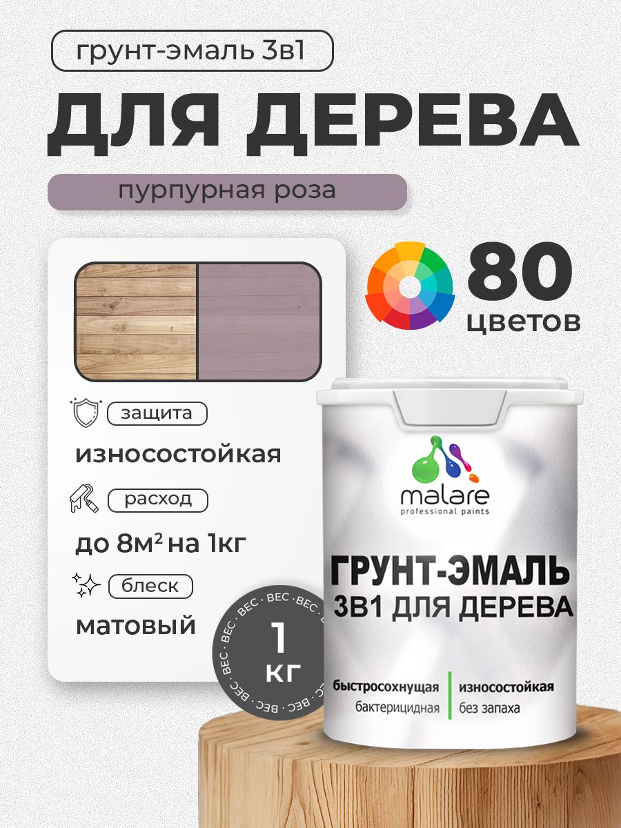 Акриловая Грунт-Эмаль 3 в 1 Malare для деревянных поверхностей с антисептическим эффектом, быстросохнущая, моющаяся без запаха матовая, пурпурная роза, 1 кг