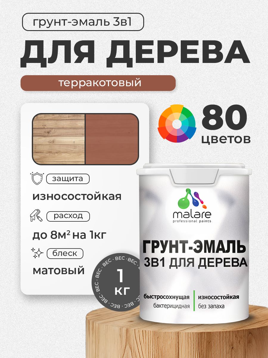 Акриловая Грунт-Эмаль 3 в 1 Malare для деревянных поверхностей с антисептическим эффектом, быстросохнущая, моющаяся без запаха матовая, терракотовый, 1 кг