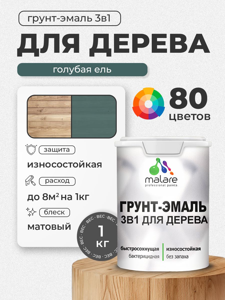 Акриловая Грунт-Эмаль 3 в 1 Malare для деревянных поверхностей с антисептическим эффектом, быстросохнущая, моющаяся без запаха матовая, голубая ель, 1 кг