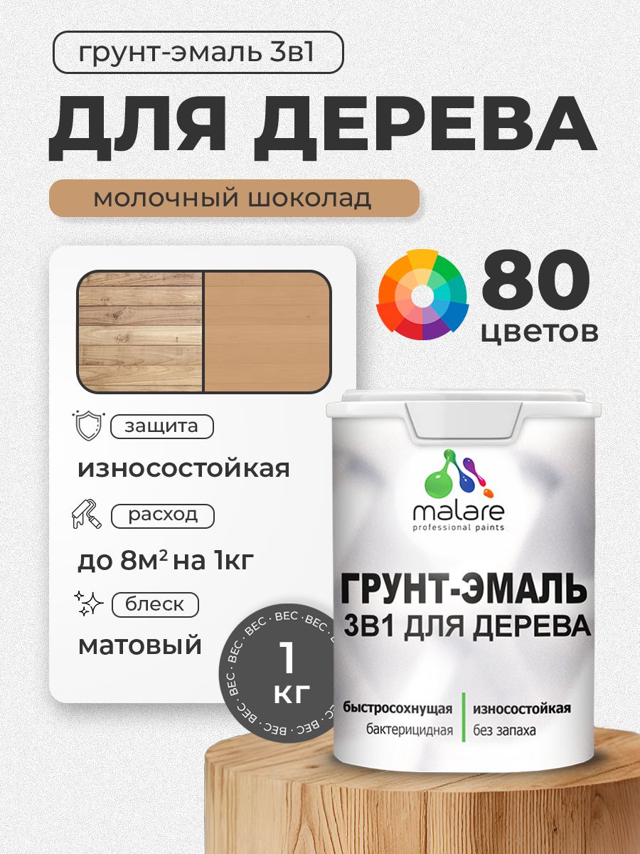 Акриловая Грунт-Эмаль 3 в 1 Malare для деревянных поверхностей с антисептическим эффектом, быстросохнущая, моющаяся без запаха матовая, молочный шоколад, 1 кг