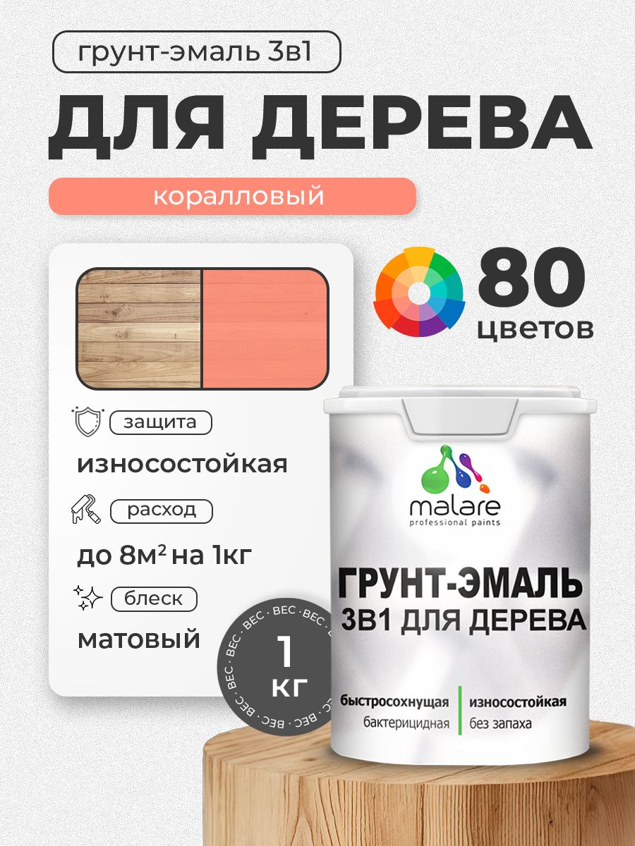 Акриловая Грунт-Эмаль 3 в 1 Malare для деревянных поверхностей с антисептическим эффектом, быстросохнущая, моющаяся без запаха матовая, коралловый , 1 кг