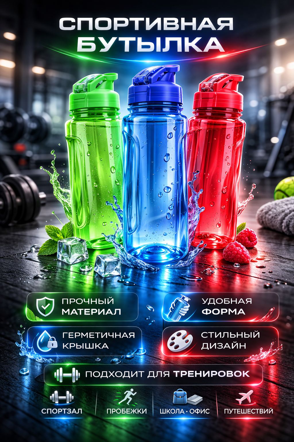Спортивная бутылка для воды с трубочкой 650 мл