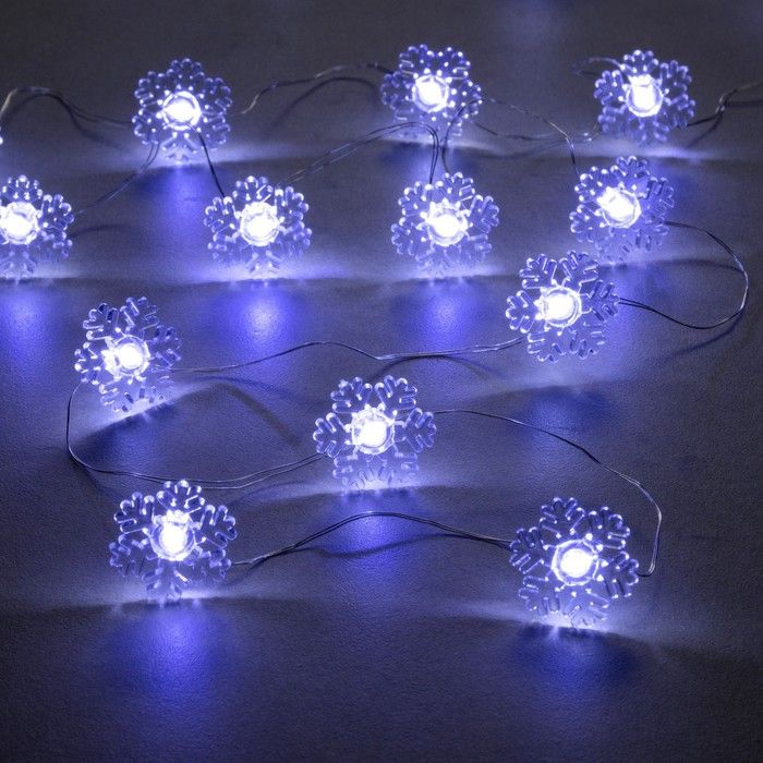 Гирлянда Нить 2 м, роса с насадками Снежинка , IP20, серебристая нить, 20 LED, 2 режима, от батареек АА 2, свечение белое
