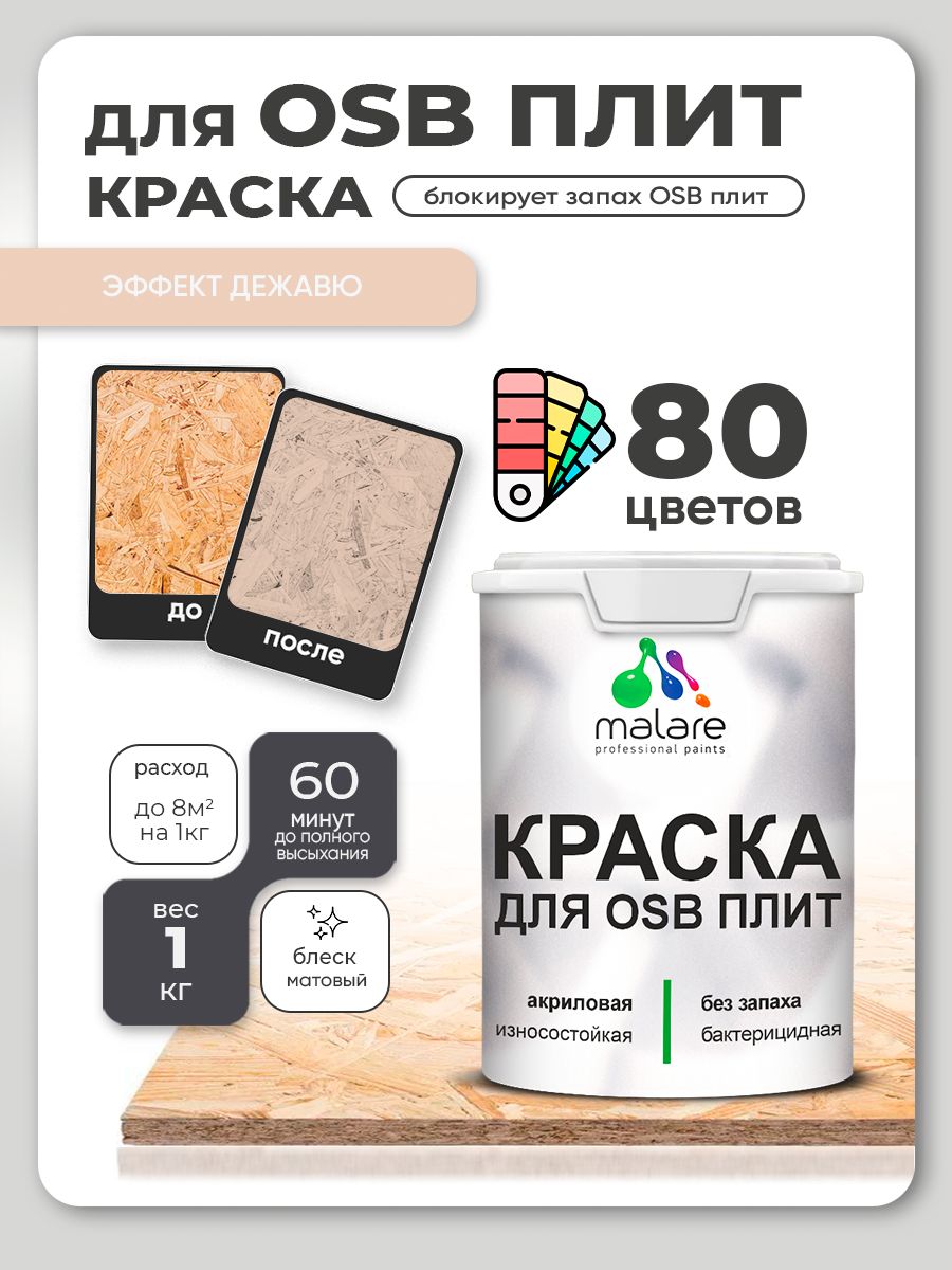 Акриловая краска для ОСБ плит Malare для дерева для наружных и внутренних работ, быстросохнущая без запаха матовая, эффект дежавю, 1 кг