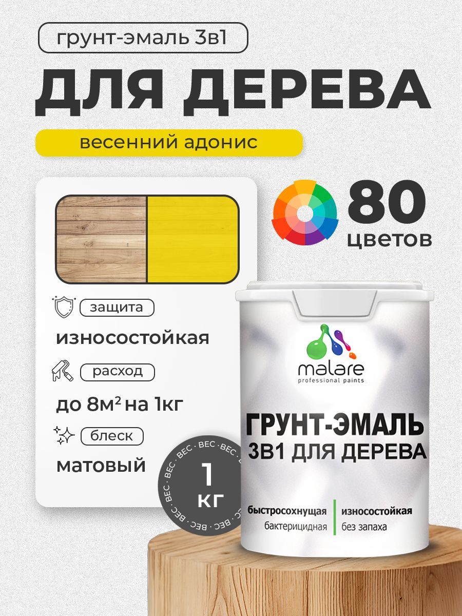 Акриловая Грунт-Эмаль 3 в 1 Malare для деревянных поверхностей с антисептическим эффектом, быстросохнущая, моющаяся без запаха матовая, весенний адонис, 1 кг